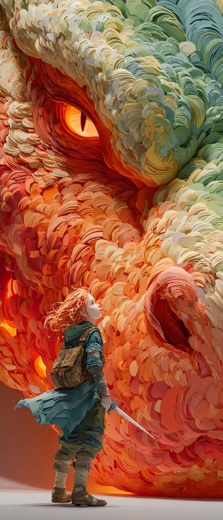 Guerrier d’anime affrontant un dragon colossal en papier découpé