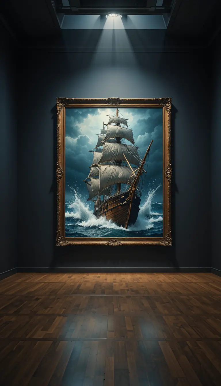 Pirate Ship Bursting From Storm Painting In Dark Museum Gallery