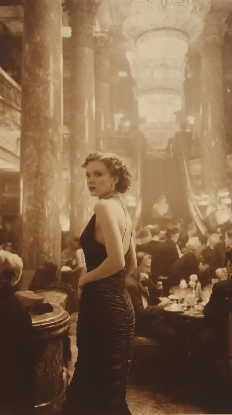 Elegant woman in gown in grand sepia ballroom