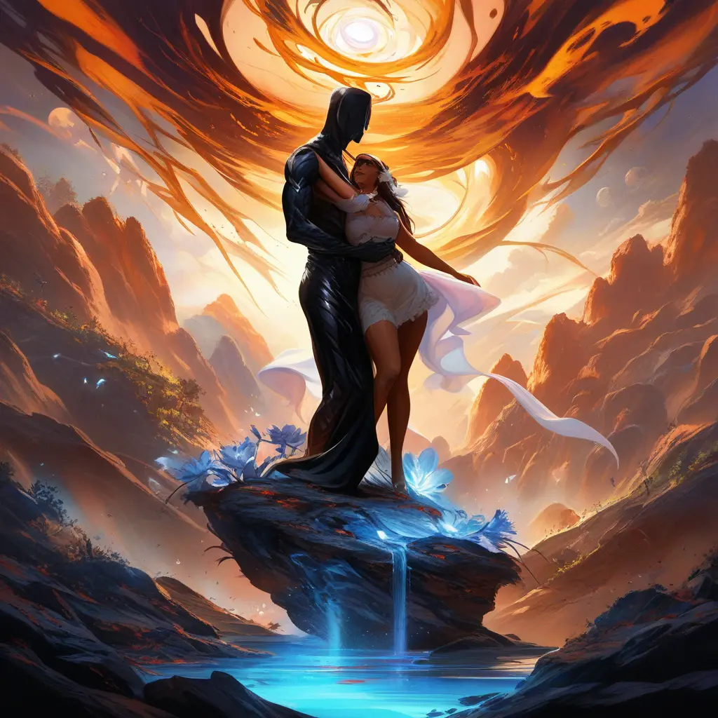 Couple de fées romantique s’enlaçant dans une peinture de fantasy vibrante
