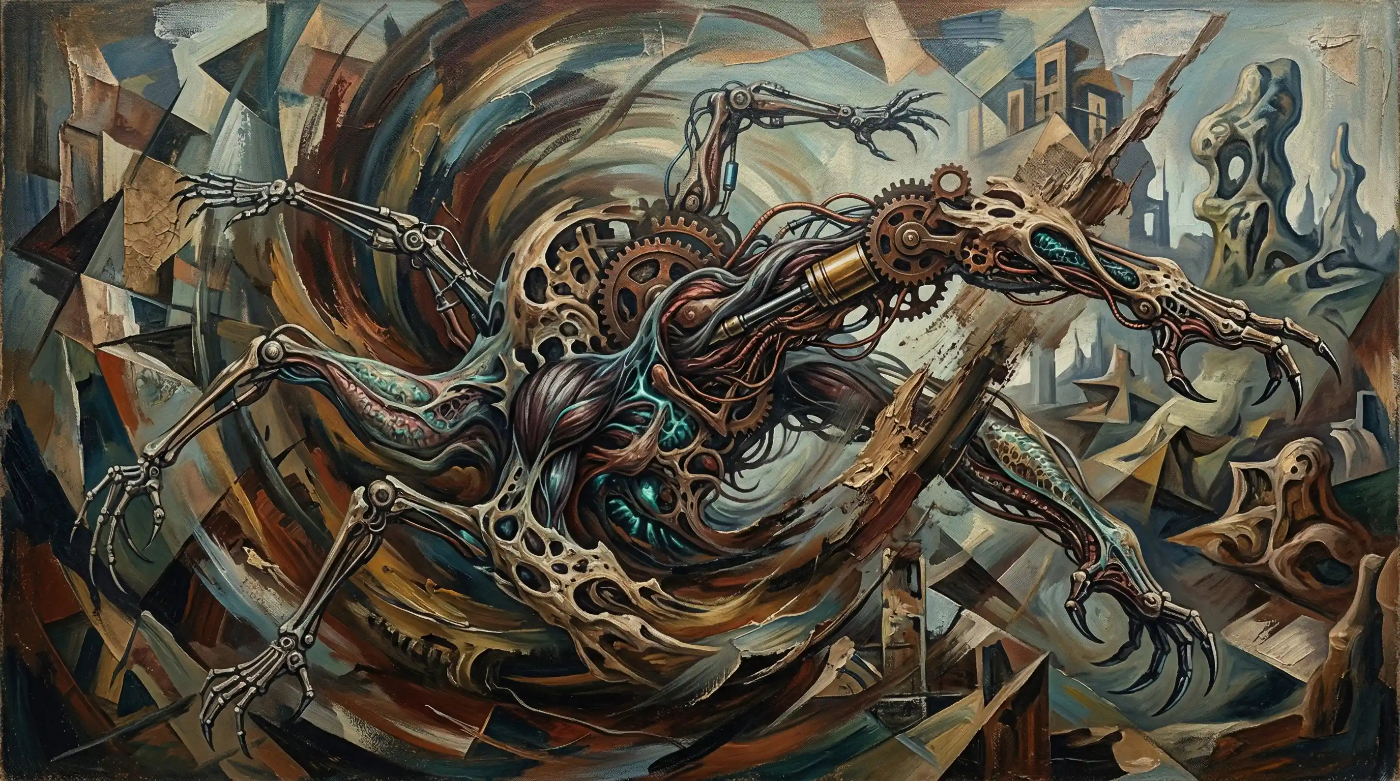 Biomechanical creature rising within abstract cubist brushstrokes