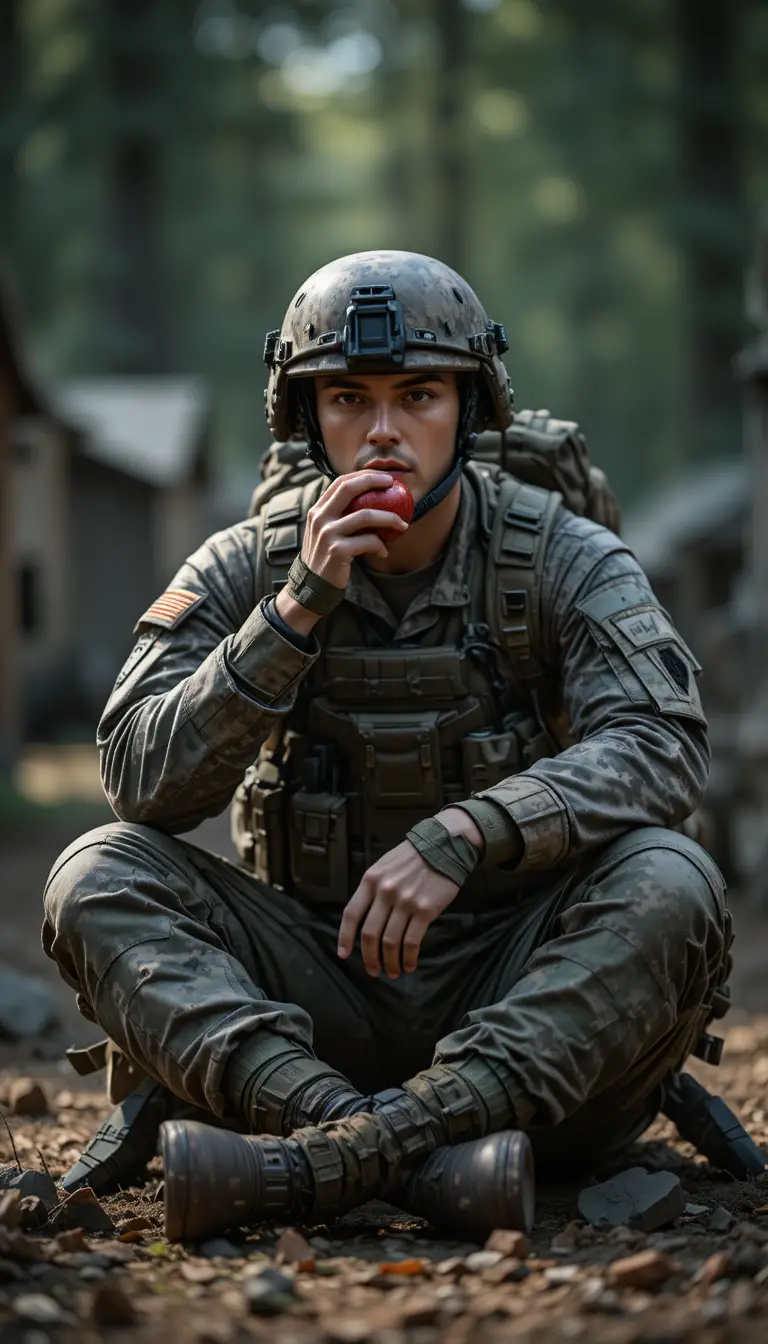Soldado estadounidense comiendo una manzana en un momento tranquilo del campamento