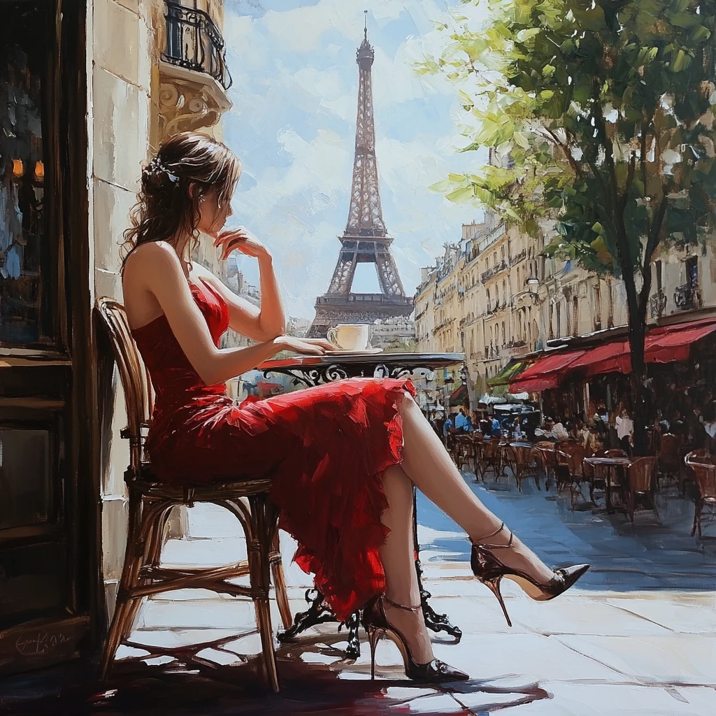 Frau im roten Kleid im Pariser Café mit Blick auf den Eiffelturm