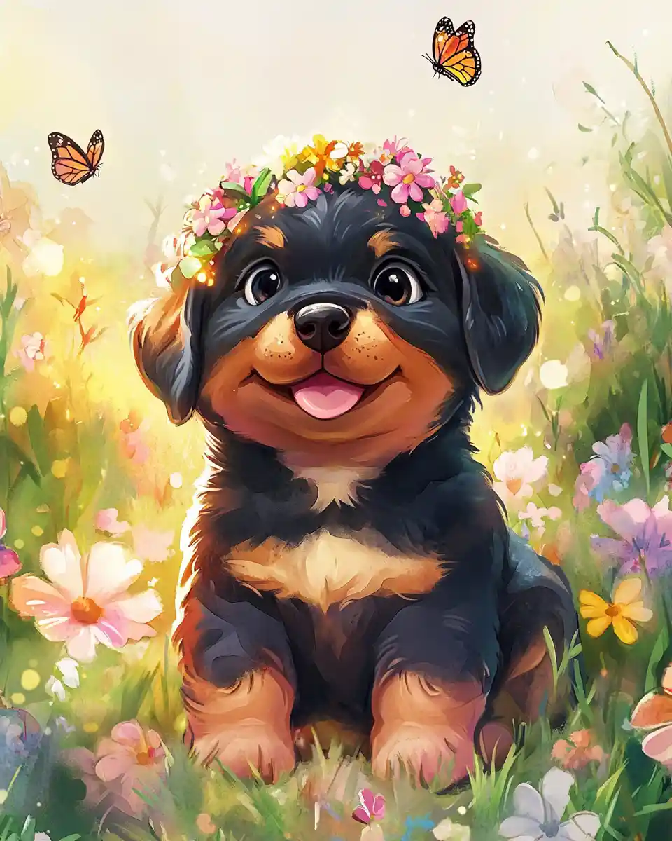 Cute baby rottweiler puppy in a magical flower meadow