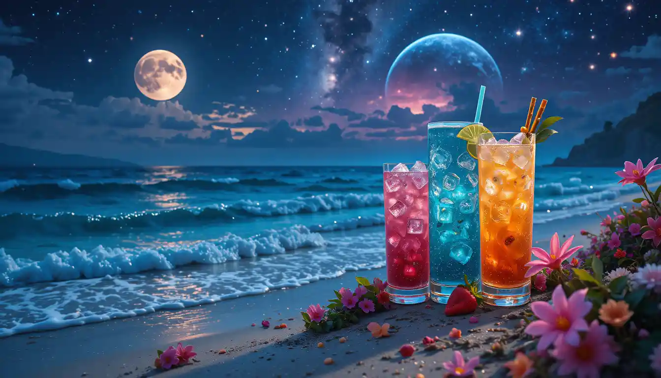 Cocktail romantici sulla spiaggia al chiaro di luna con frutti esotici alieni