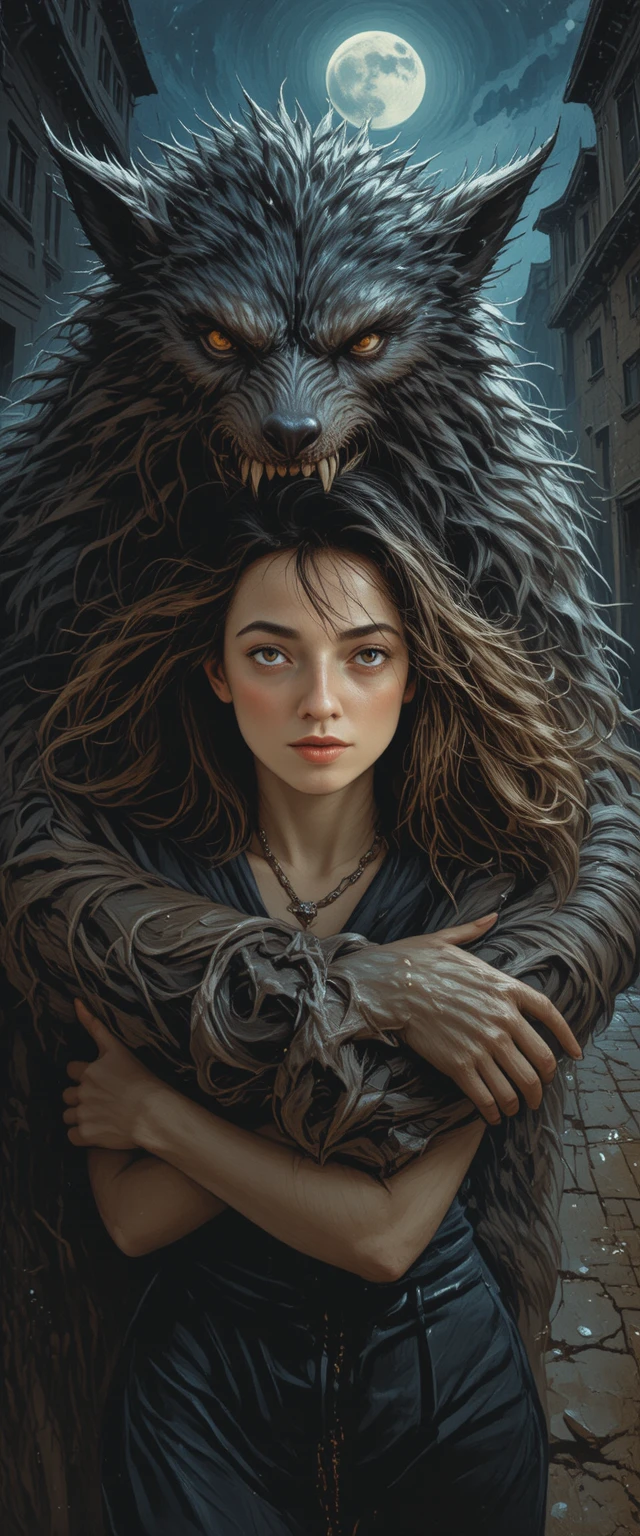 Terrified young woman held by snarling werewolf at night