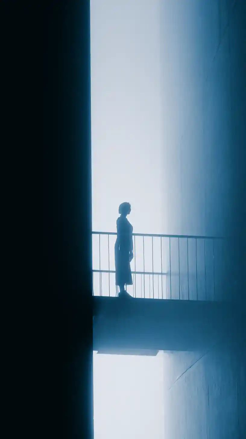 高聳低角度光影下陽台上的女子