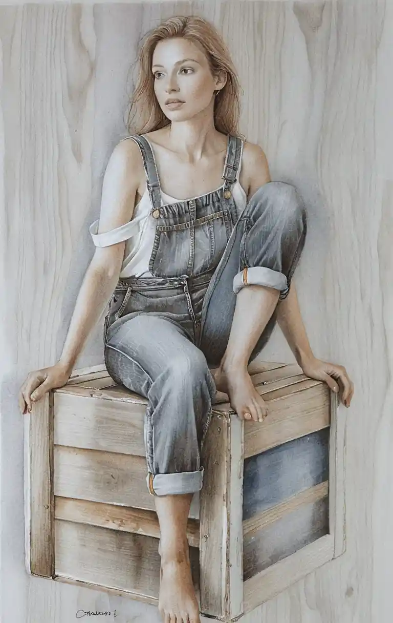 Barefoot woman in denim overalls on wooden crate portrait