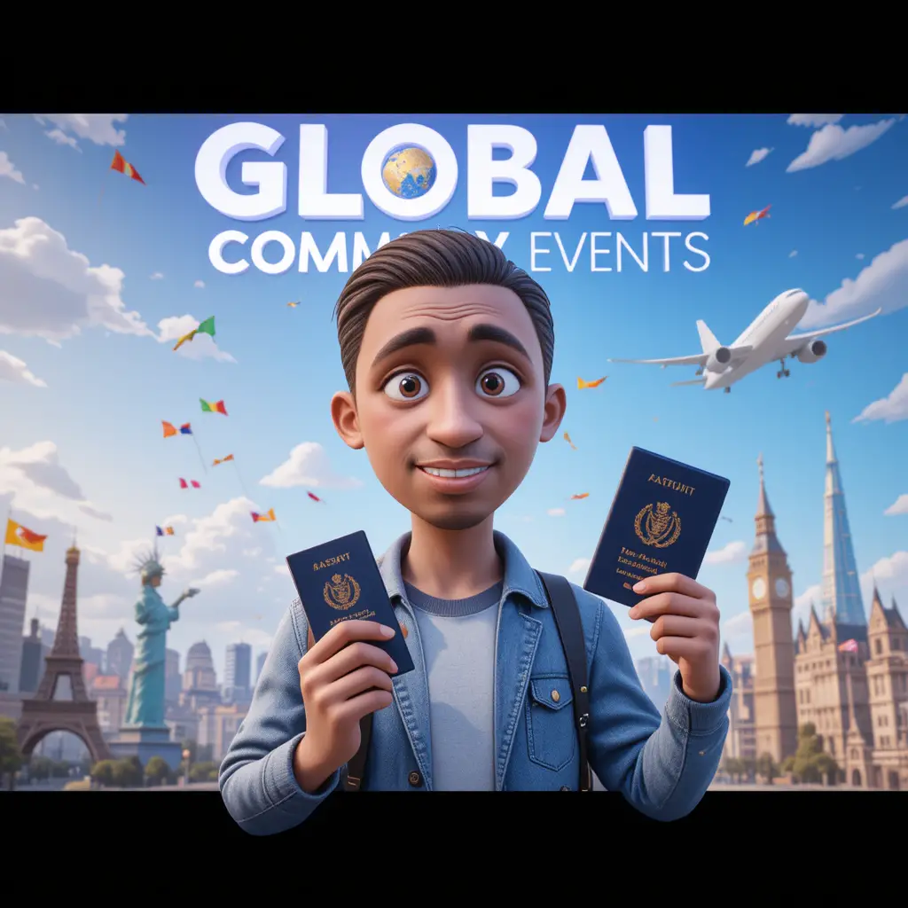 Viaggiatore 3D allegro con passaporto in una scena di cielo globale