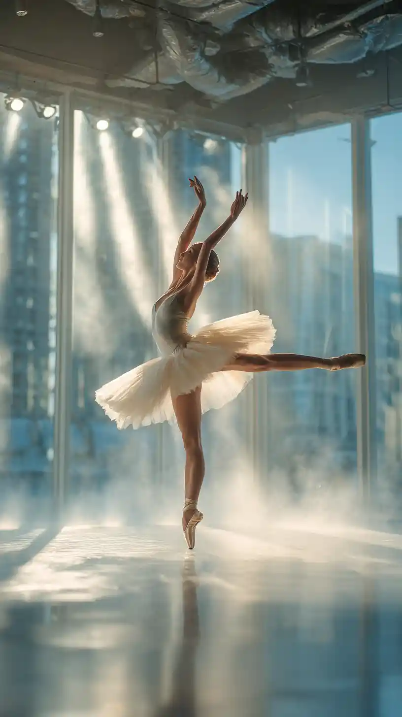 Bailarina em pose de arabesque em estúdio de dança urbano e iluminado