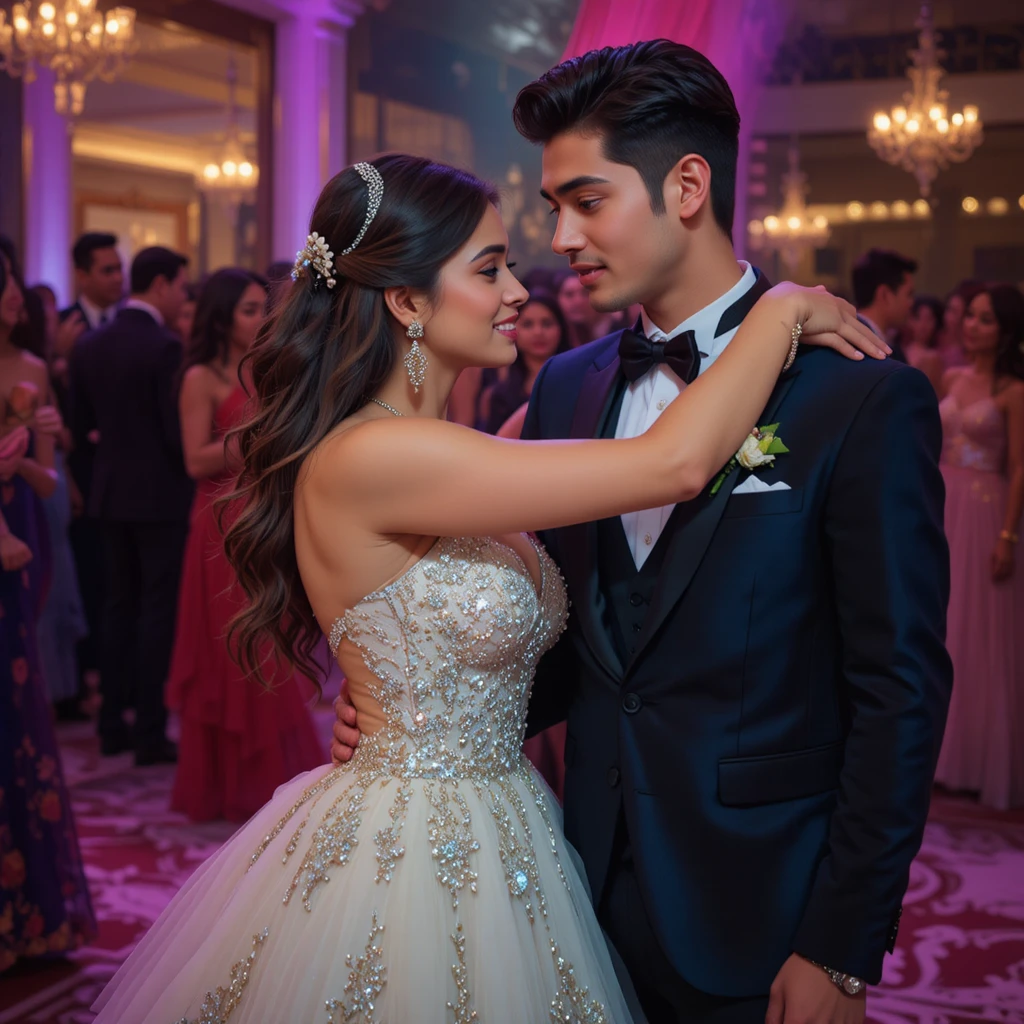 Pareja tímida compartiendo un baile lento en la noche de graduación