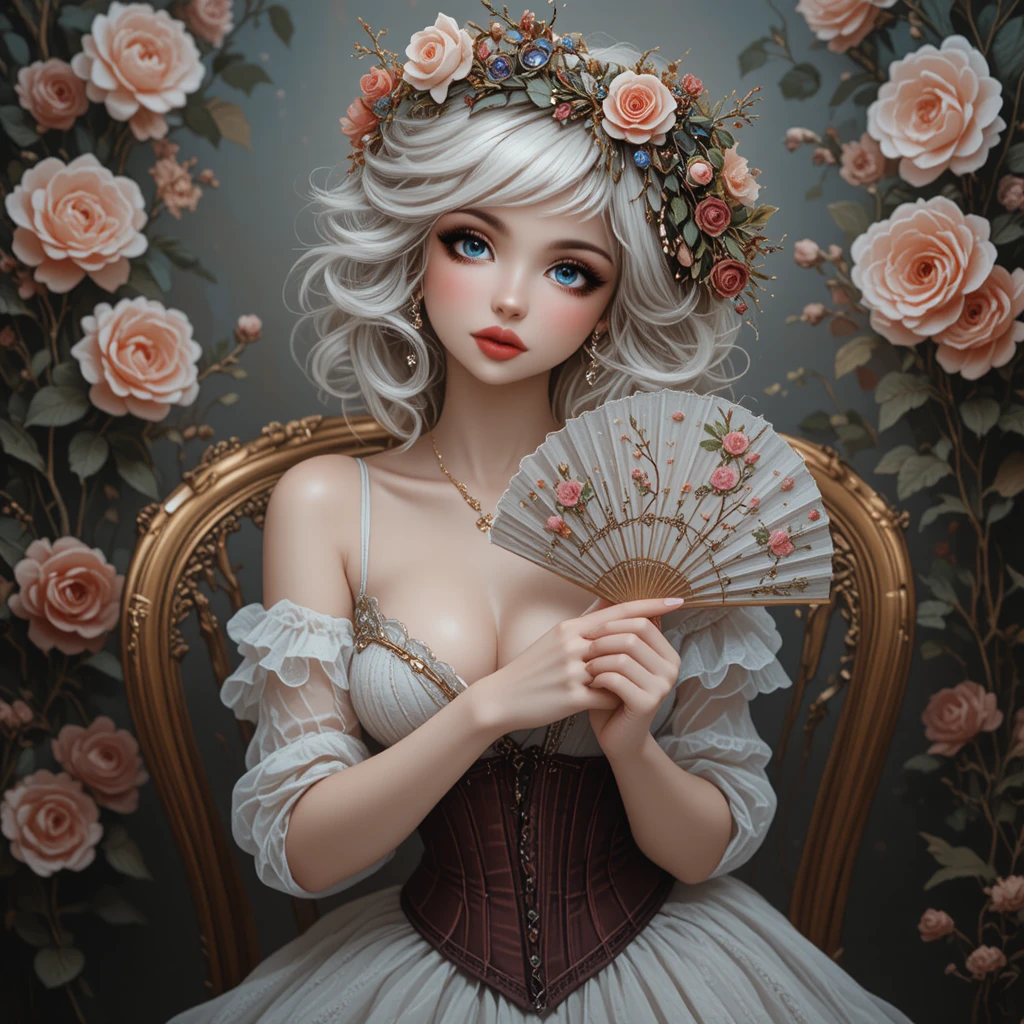 Elegant girl with white hair holding a decorative hand fan