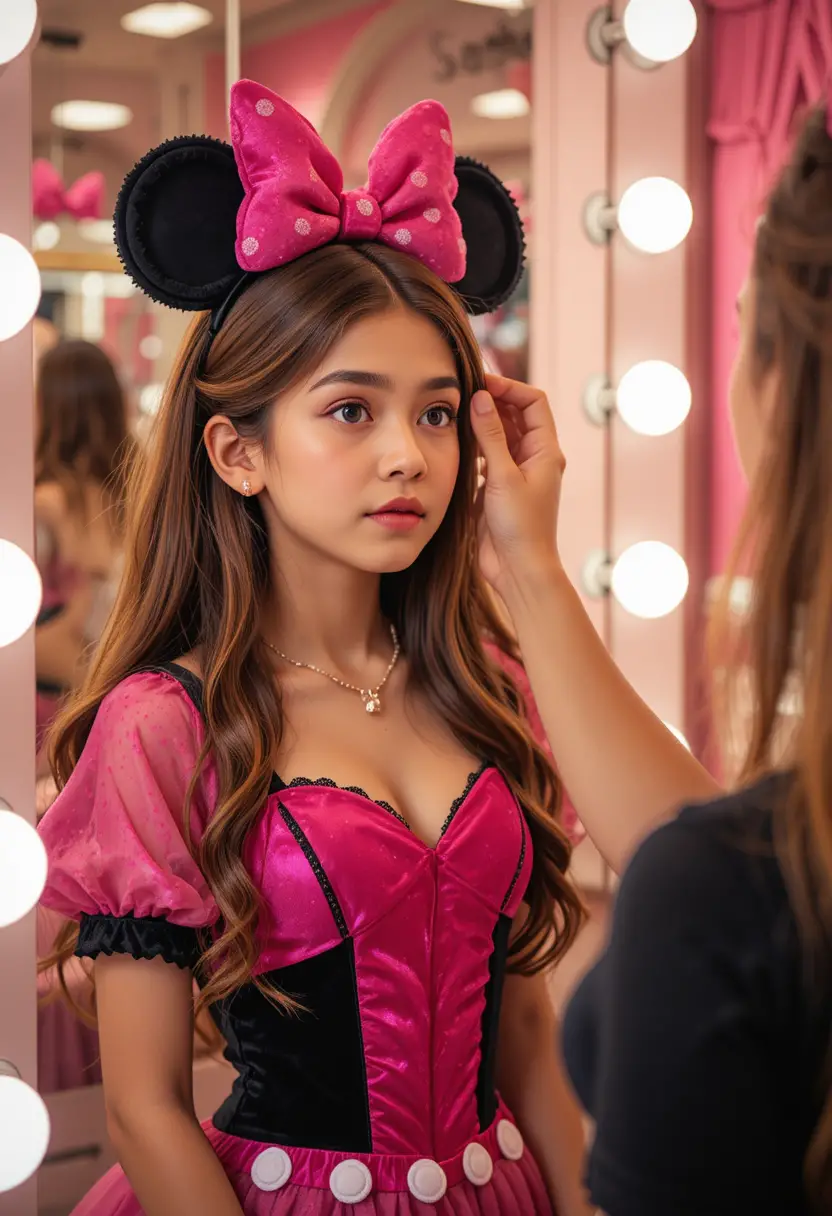 Menino usando vestido rosa da Minnie faz maquiagem em boutique
