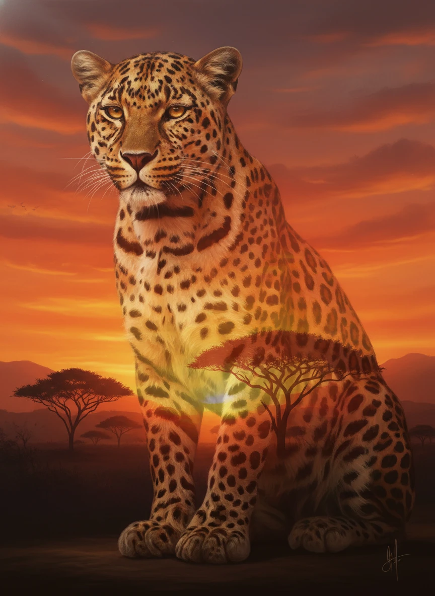 Leopard portrait in front of a glowing African sunset