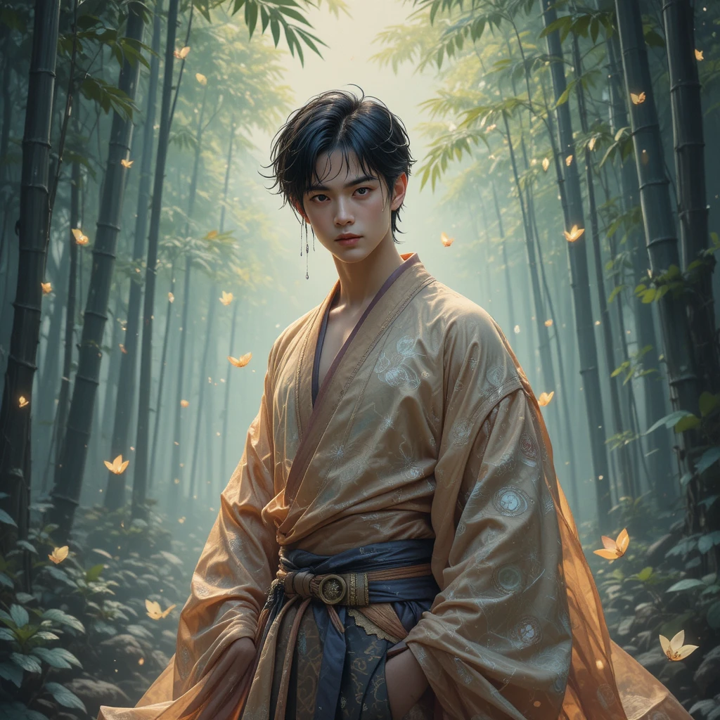 Young warrior in silk kimono in mystical bamboo forest