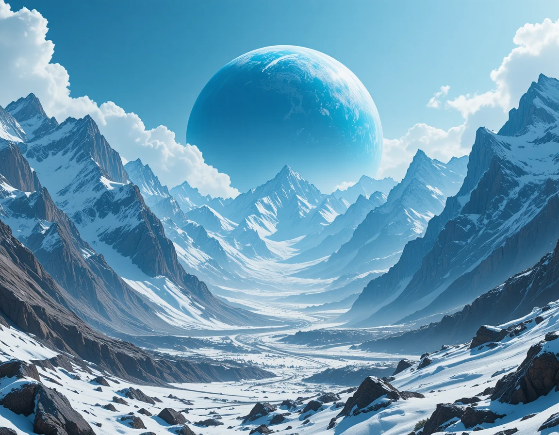 太空中巨大全藍色星球下的雪山