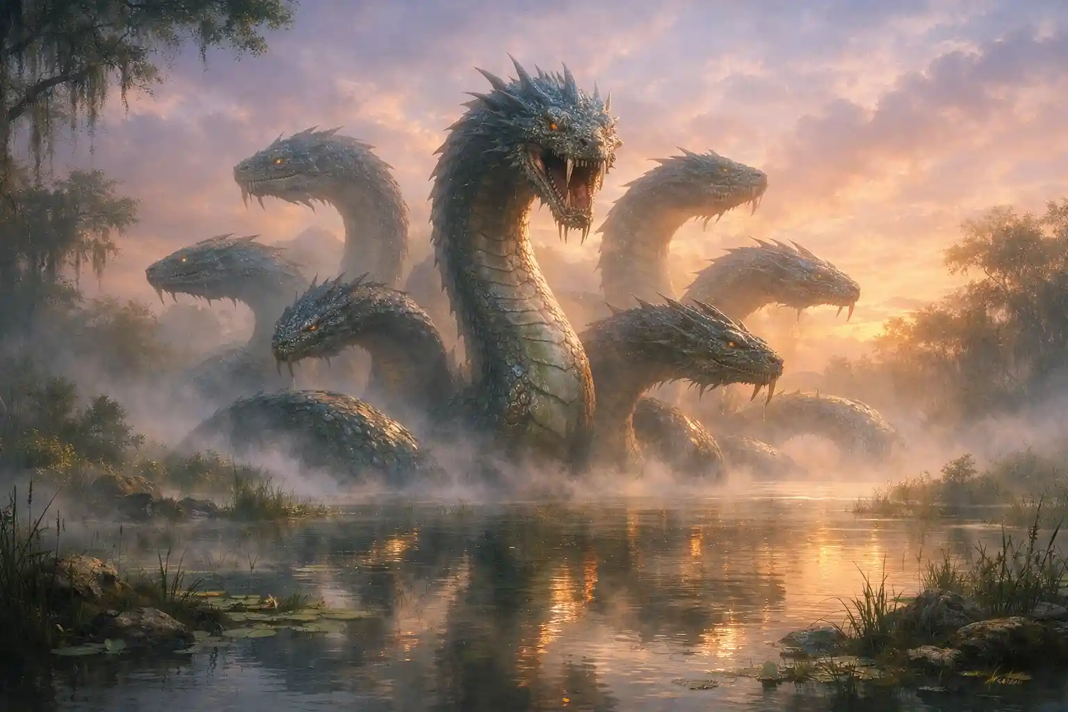 Kolossale Hydra, die im Morgengrauen aus einem nebligen Sumpf aufsteigt