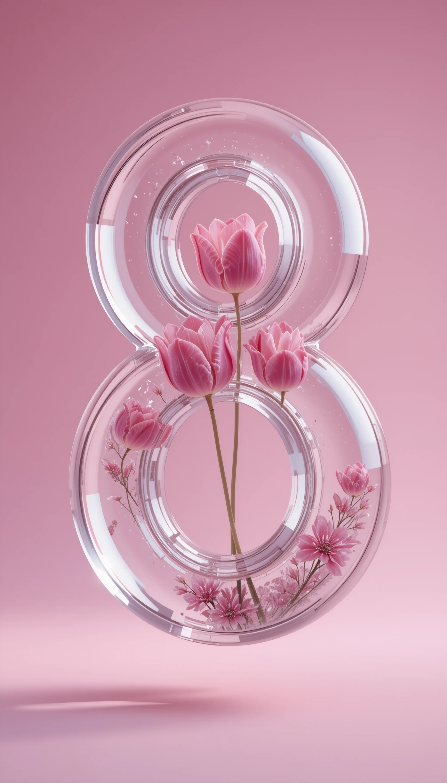 Otto di vetro con tulipani rosa in uno studio rosa tenue