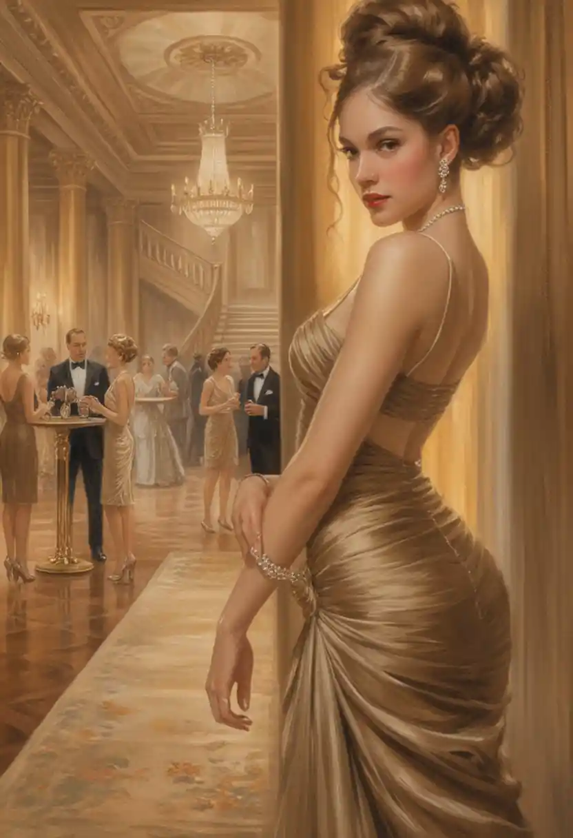 Elegant woman in evening gown in grand sepia ballroom