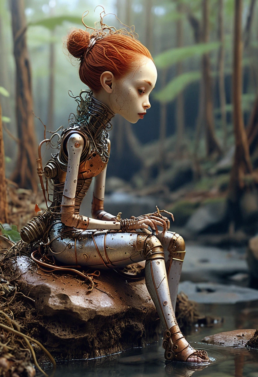 Donna androide surreale accanto a un ruscello in una foresta silenziosa