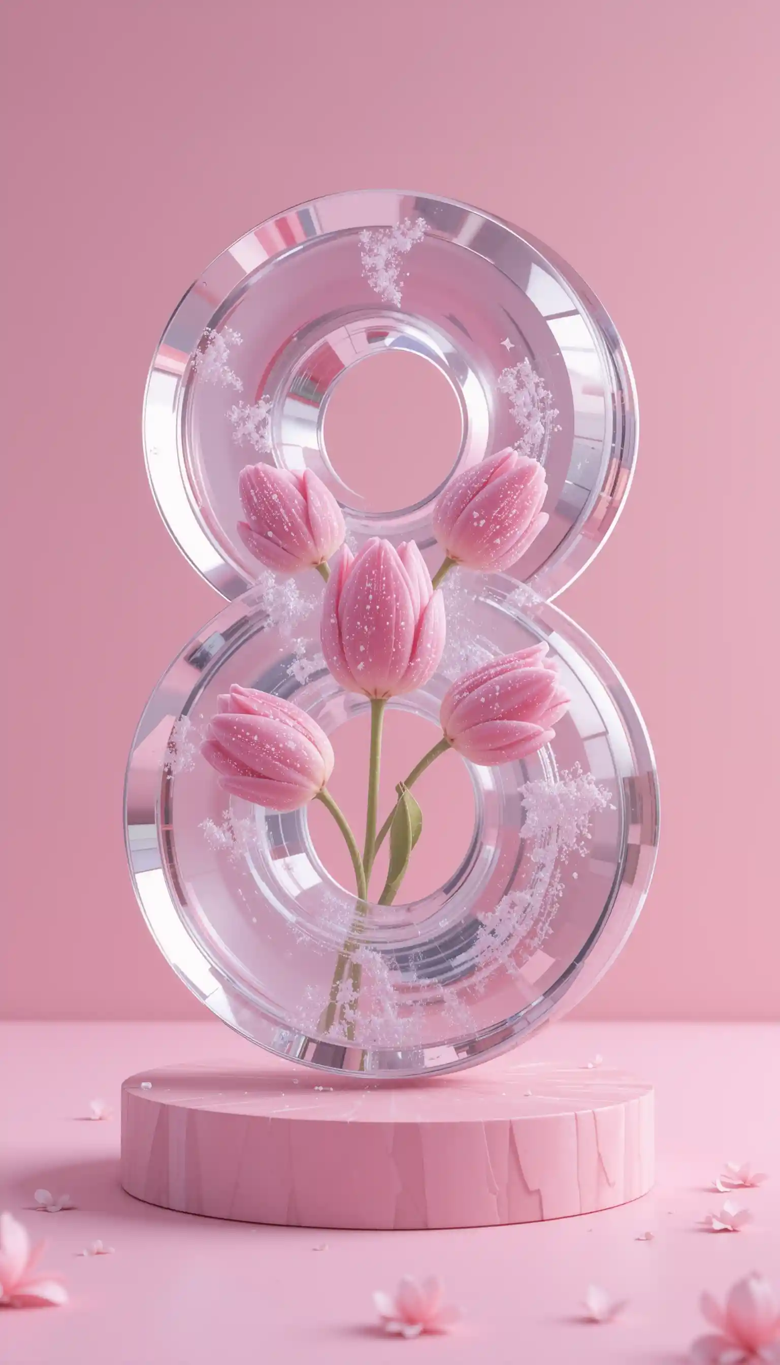 Figura ocho de vidrio con tulipanes rosas flotando sobre fondo pastel