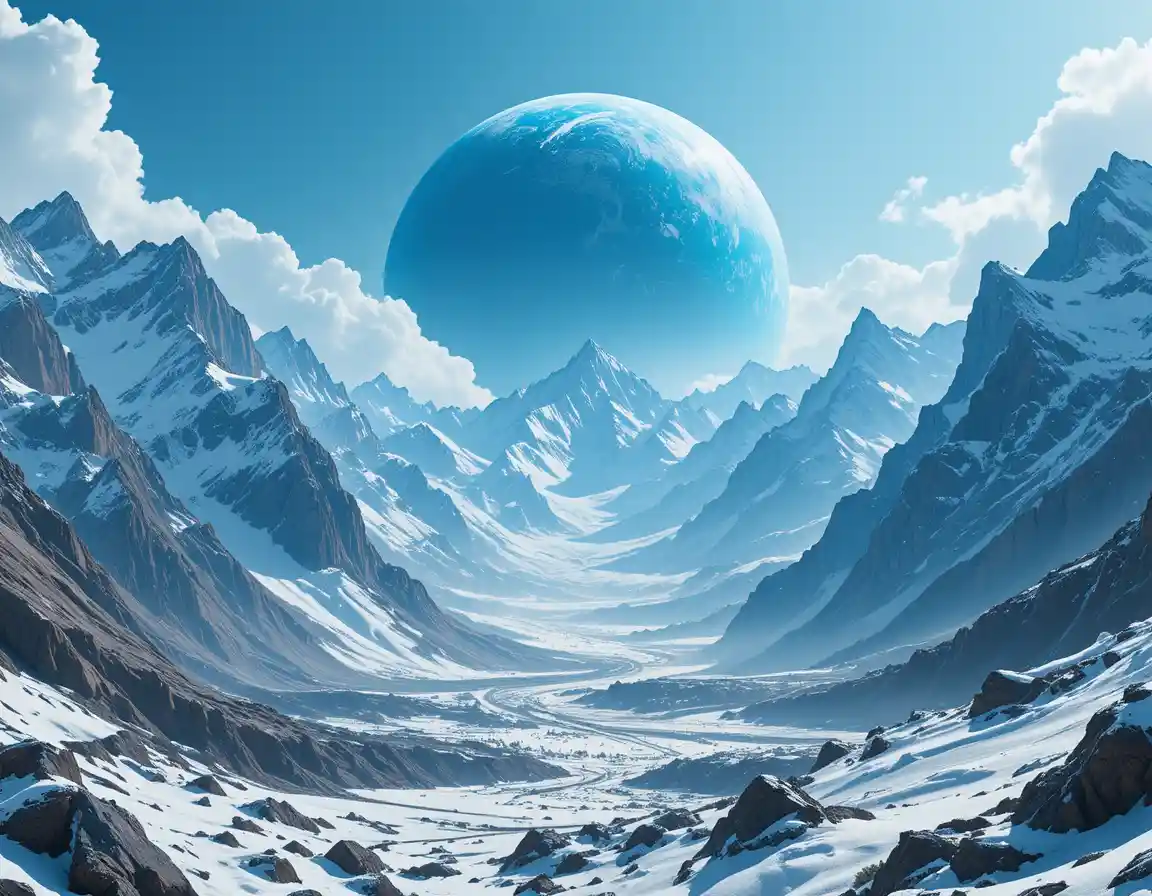 Verschneite Berge unter einem riesigen blauen Planeten im All