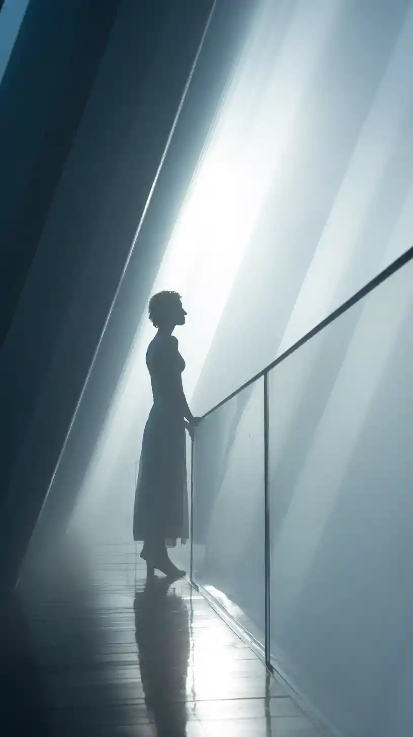 Donna in piedi su un balcone in un luminoso angolo basso cinematografico