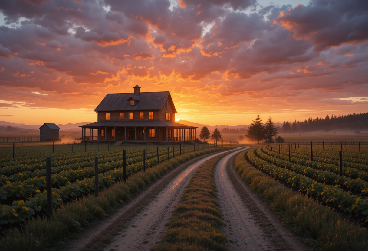 Casa de fazenda ao pôr do sol em uma tranquila fazenda costeira em Washington