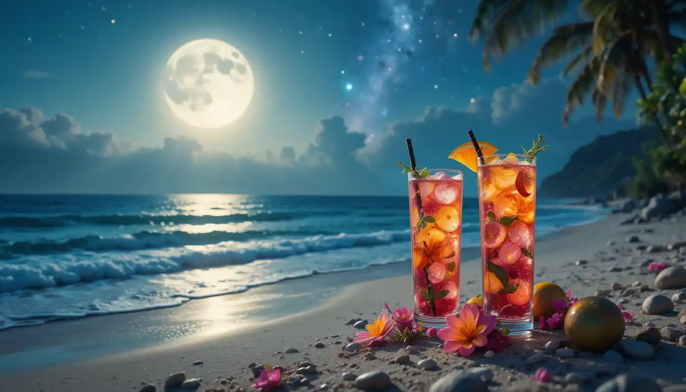 Cocktail sulla spiaggia al chiaro di luna con frutti alieni e oceano da sogno