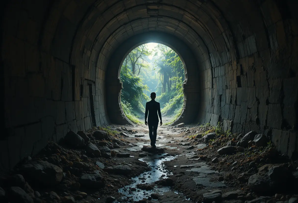 Silueta solitaria caminando por un túnel antiguo y tenue