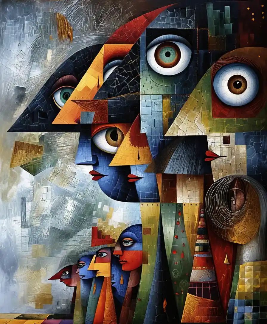 Cubist row of fragmented faces in sharp geometric planes