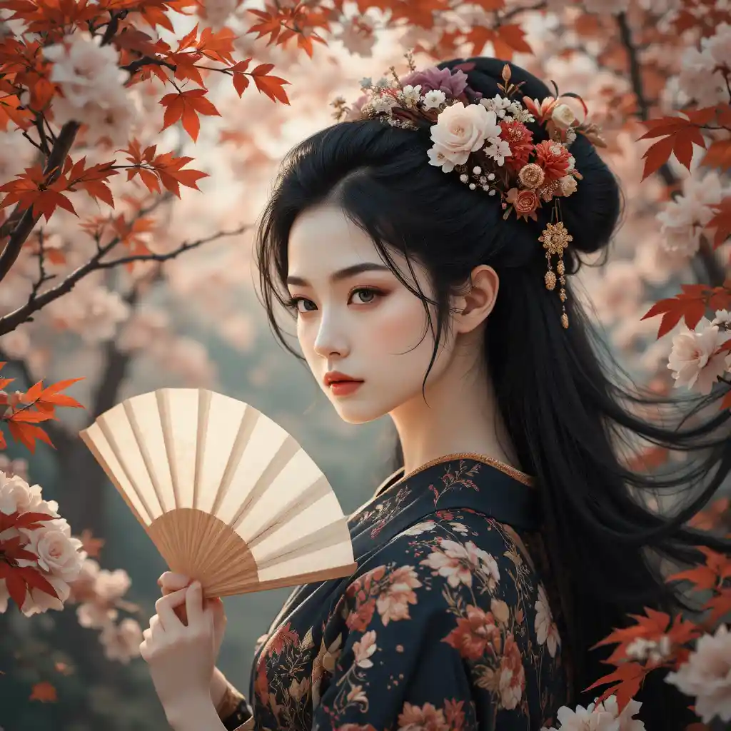 Elegant woman framed by cherry blossoms in ukiyo e style