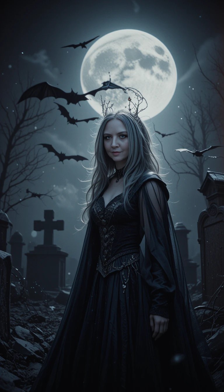 Princesa vampira de fantasía oscura bajo la luna llena