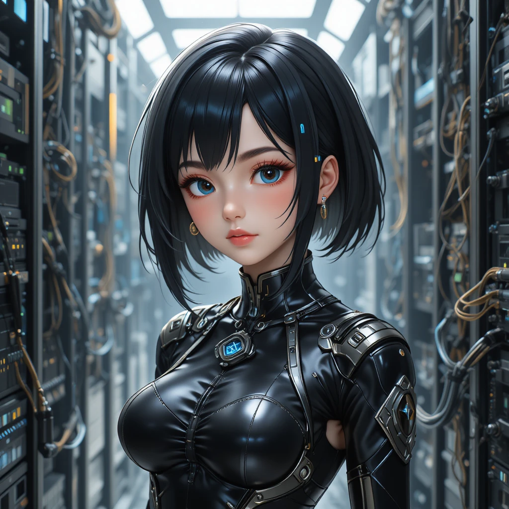 Donna anime in un multiverso sci‑fi di chip e server