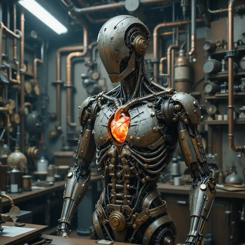 Steampunk-Roboter, der Zahnräder in einem überfüllten Kupferlabor justiert