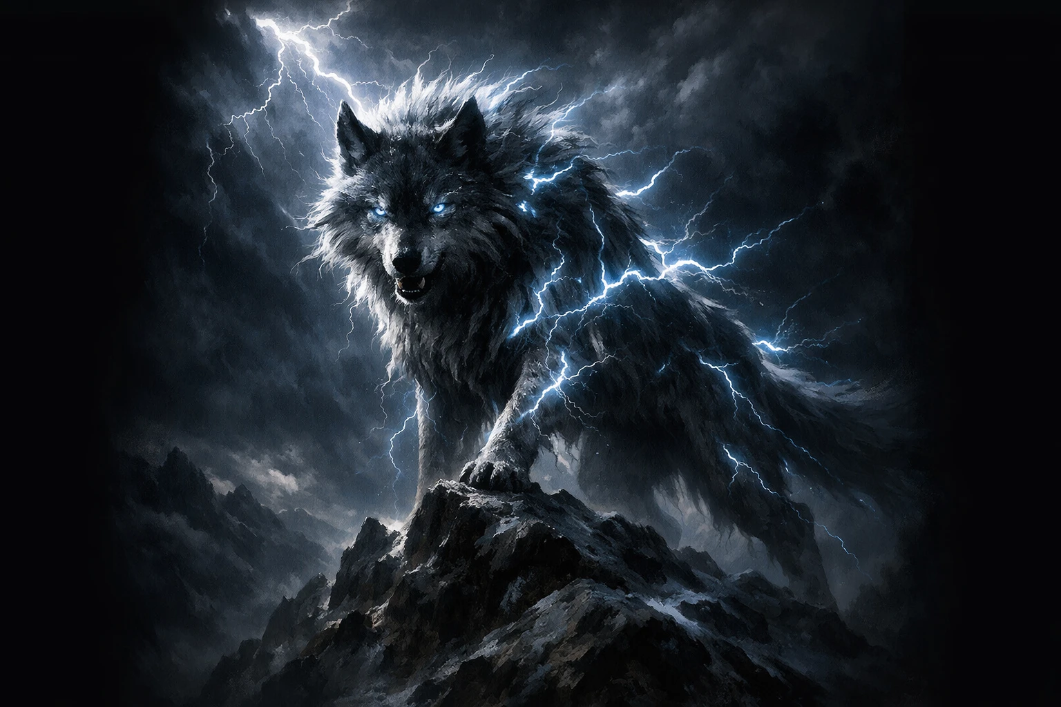 Mythical lightning wolf on a stormy mountain peak