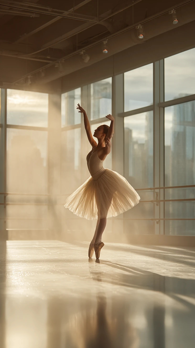 Graceful ballerina in arabesque in urban dance studio