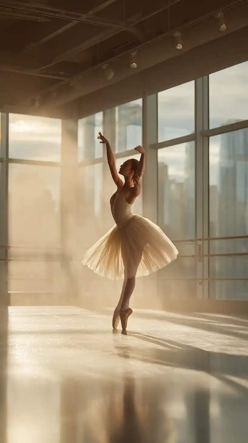 Graceful ballerina in arabesque in urban dance studio