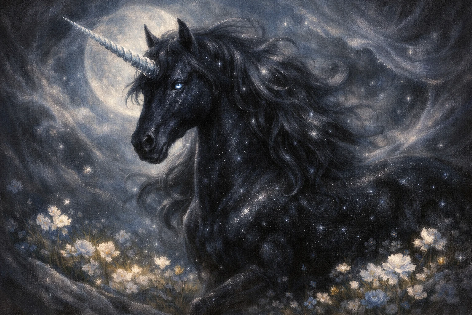 Majestic black unicorn in moonlit meadow with glowing flowers