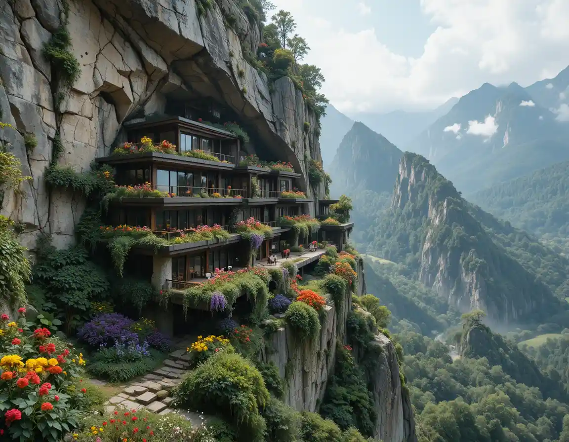 Casa rustica a picco sulla scogliera con giardini terrazzati a cascata
