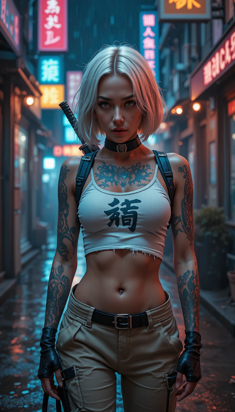 Mujer cyberpunk tatuada con katana en un callejón neón
