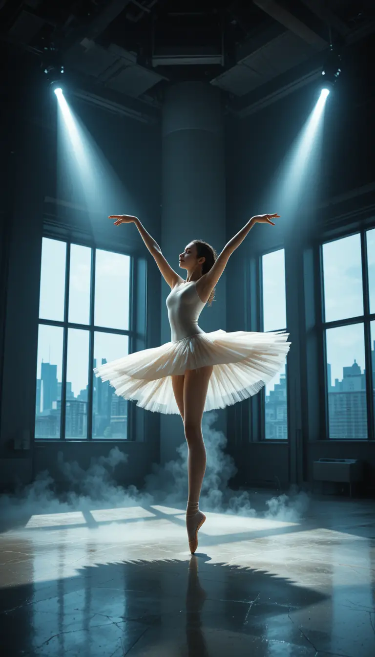 Bailarina em arabesque em um estúdio de dança urbano