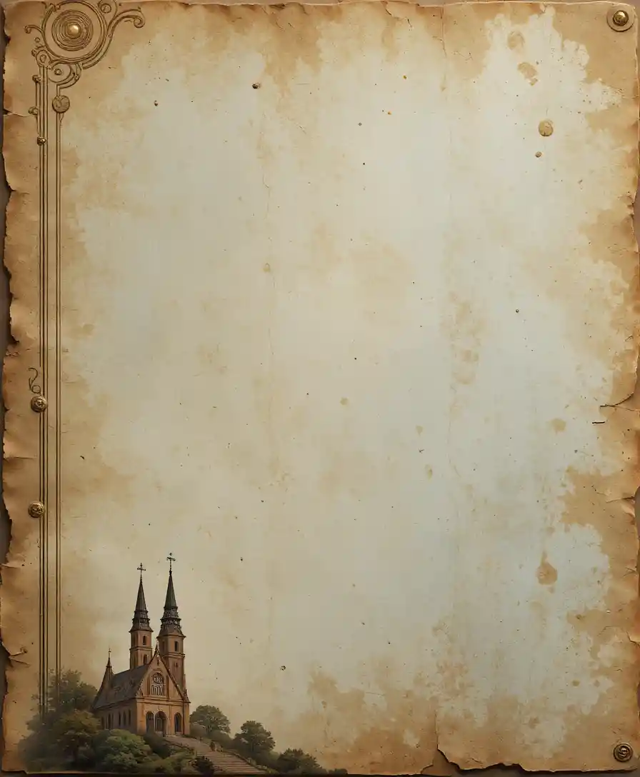 Aged parchment with ornate border and small church detail