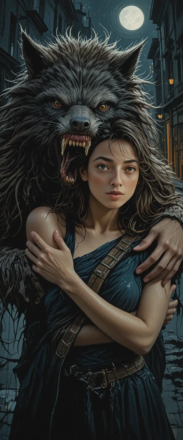 Jeune femme terrifiée tenue par un loup-garou grondant dans la nuit