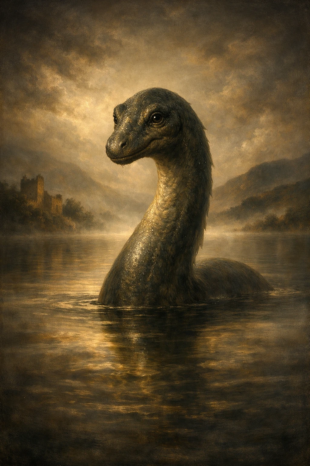 Classical Oil Portrait Of Loch Ness Monster In Misty Lake