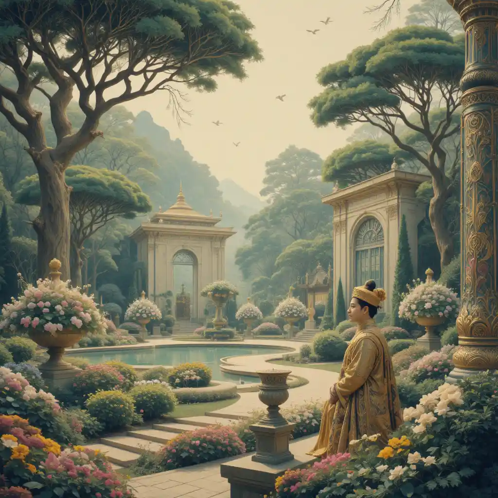 Ruiseñor cantando en un jardín imperial ante el emperador