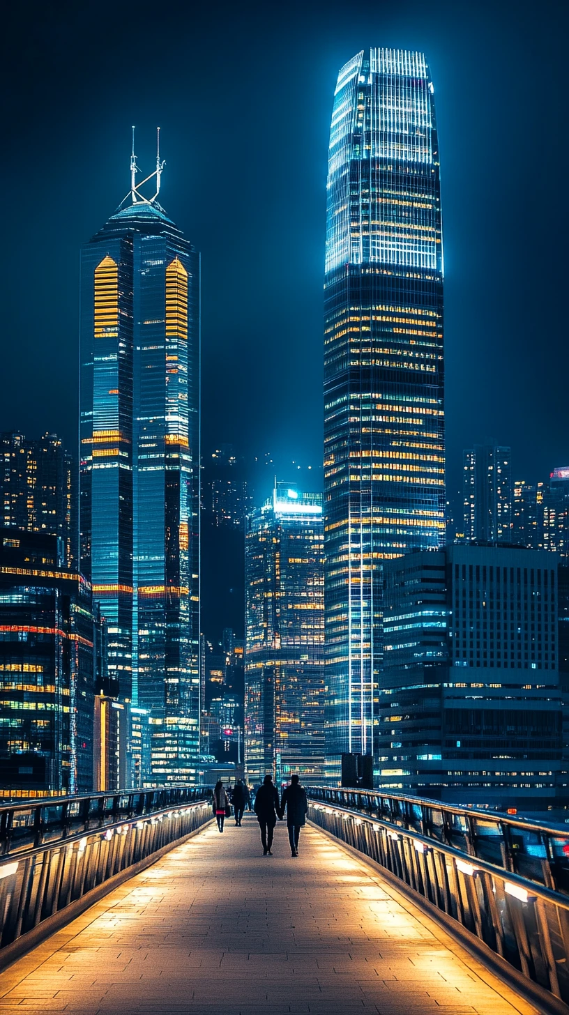 Vibrant nighttime cityscape with illuminated skyscrapers and bridge