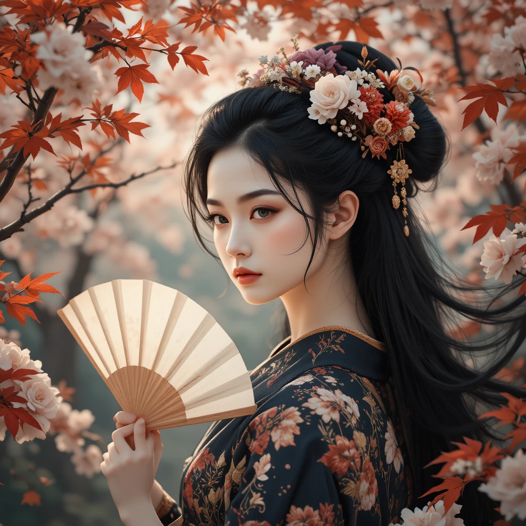 Elegant woman framed by cherry blossoms in ukiyo e style