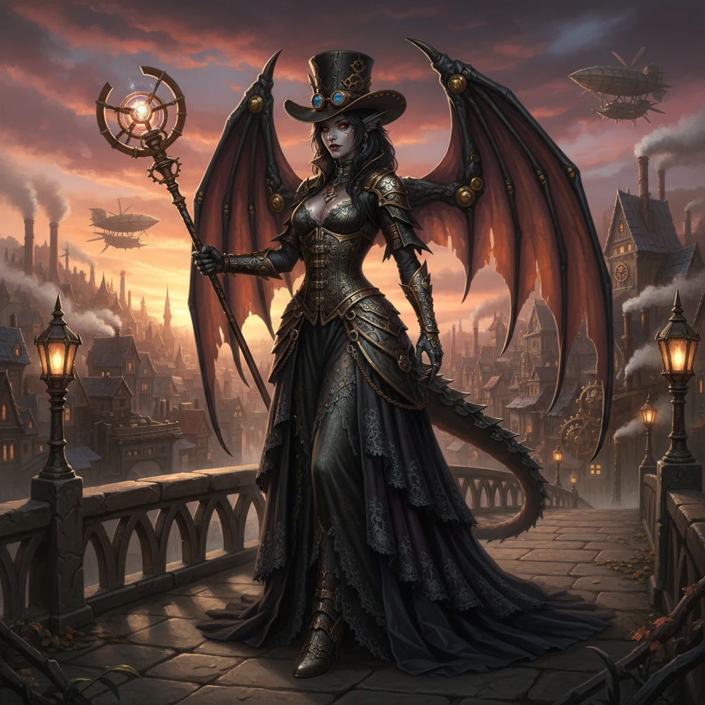 Fantasy dragon woman on a bridge in a medieval town