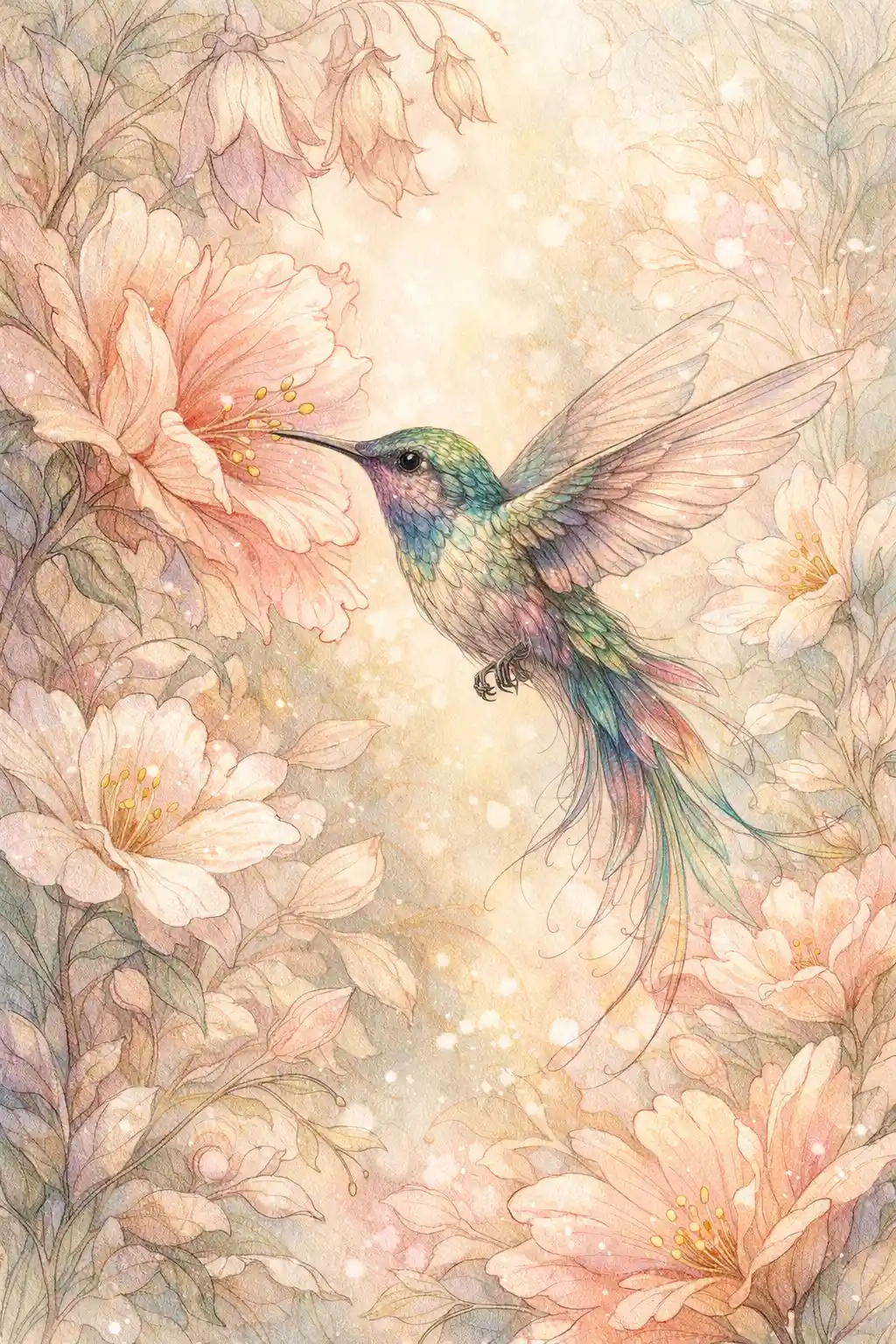 Fine Line Hummingbird Illustration In Blooming Garden